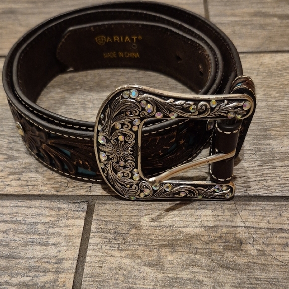 Ariat Accessories - Ariat Womens Brown Teal Leather Belt Silver Buckle And Rhinestones Sz Large